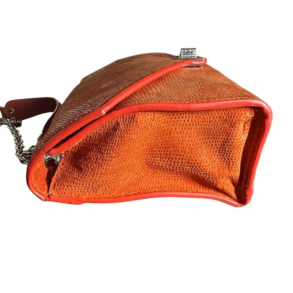 Chez Fine Leather Goods Orange Textured Leather Chain Crossbody Bag Rare
